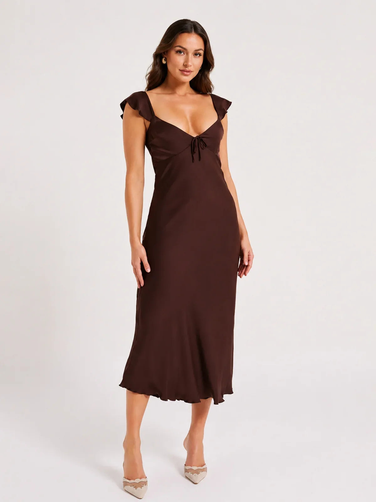 Chantal Short Sleeve Satin Midi Dress - Dark Chocolate