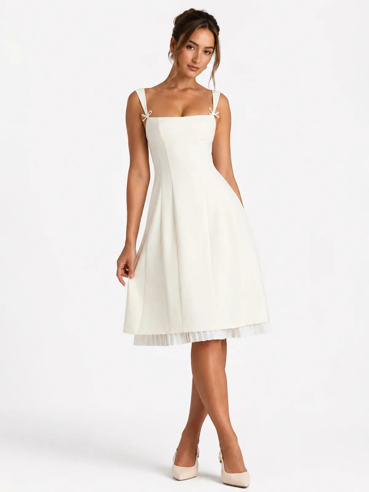 Bow-Detail Pleated A-Line Midi Dress In Ivory